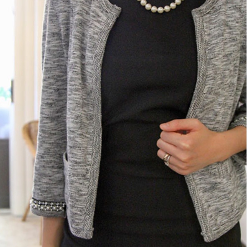 Express Gray Cotton Jeweled Trim 3/4 Sleeve Dressy Cardigan Blazer Women’s S